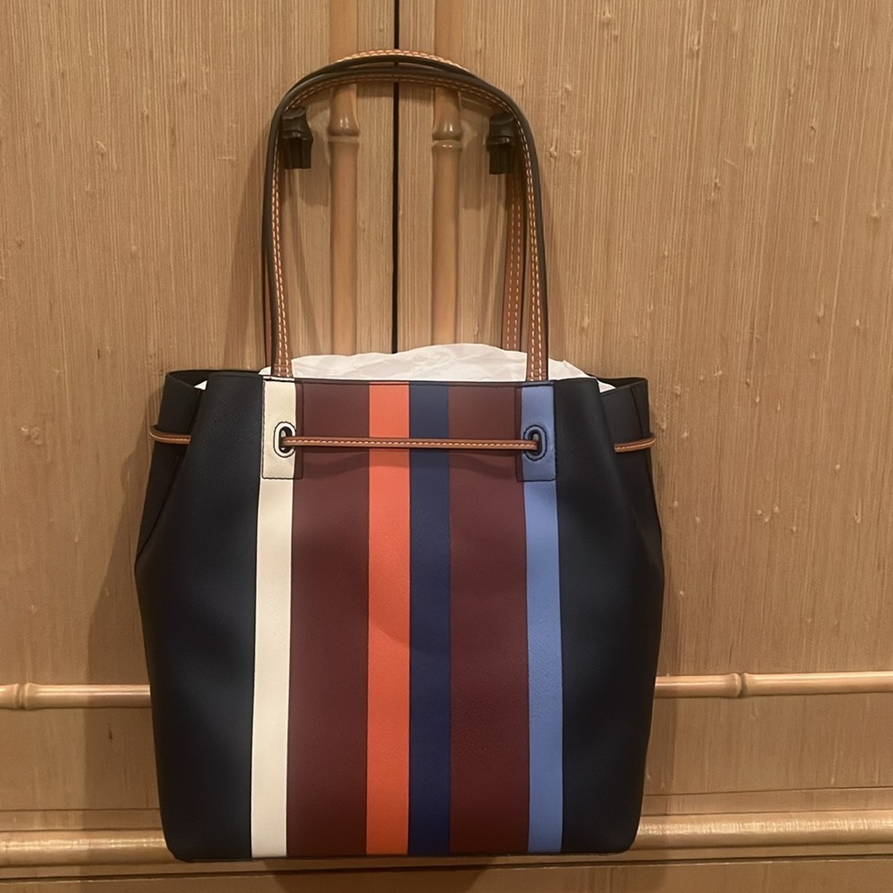 TORY BURCH 
Blue , multicolor stripe leather Kerrington bucket bag /gold-tone - Picture 6 of 17